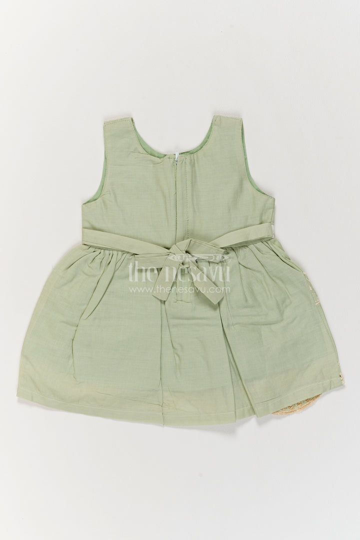 Girls Sage Green Palm Pineapple Bow Cotton Frock