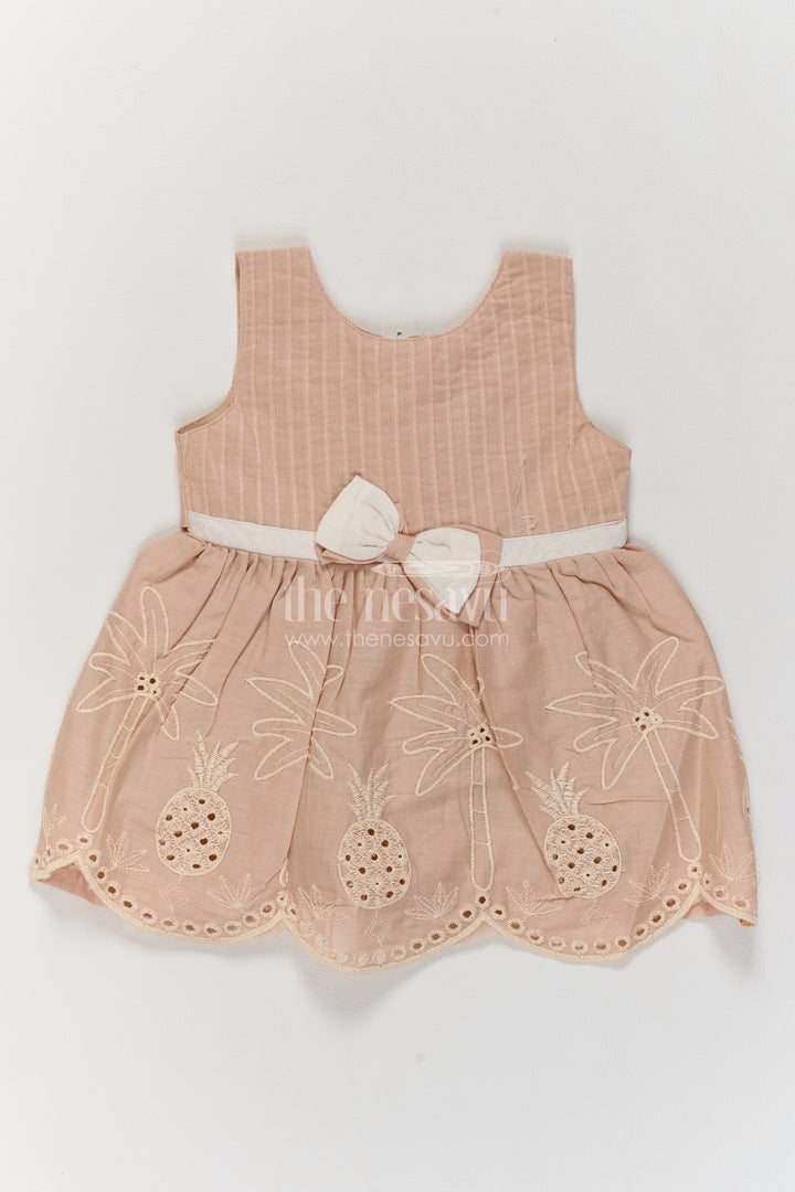 Girls Cotton Frock in Beige with Scalloped Tropical Bow