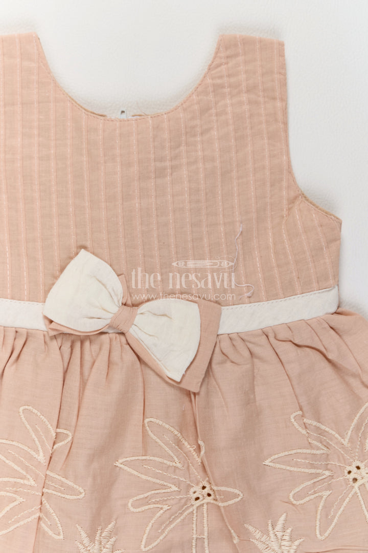 Girls Cotton Frock in Beige with Scalloped Tropical Bow