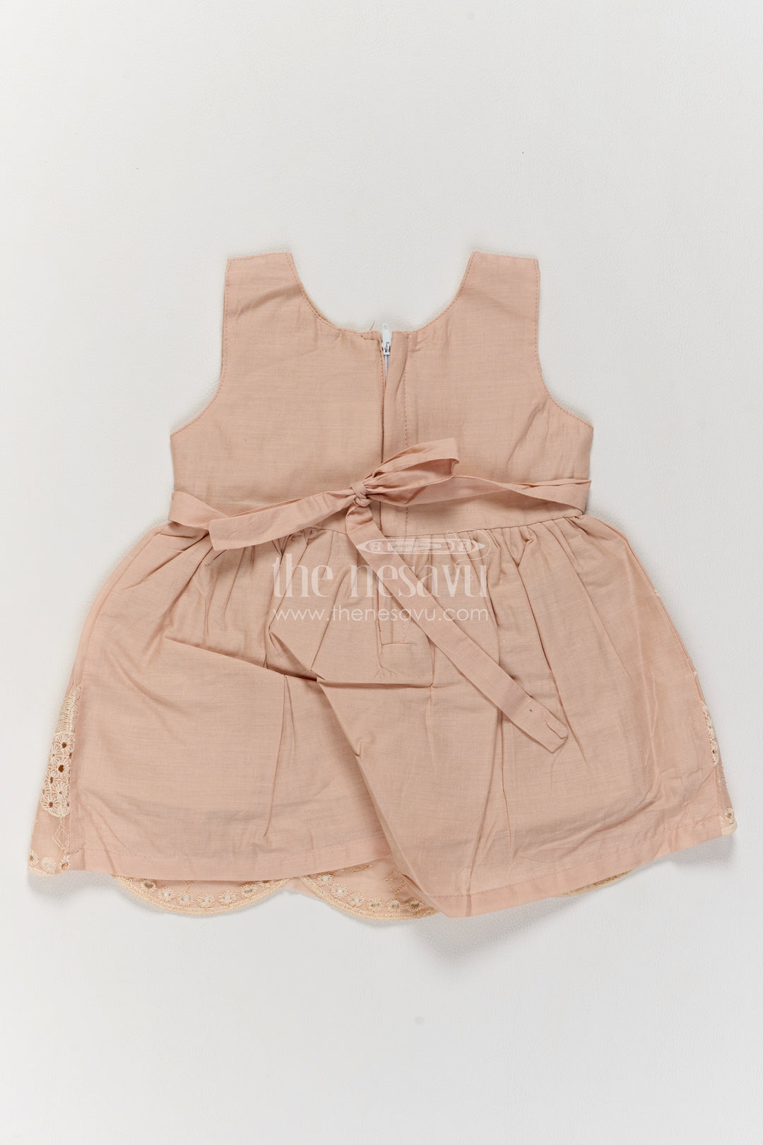 Girls Cotton Frock in Beige with Scalloped Tropical Bow