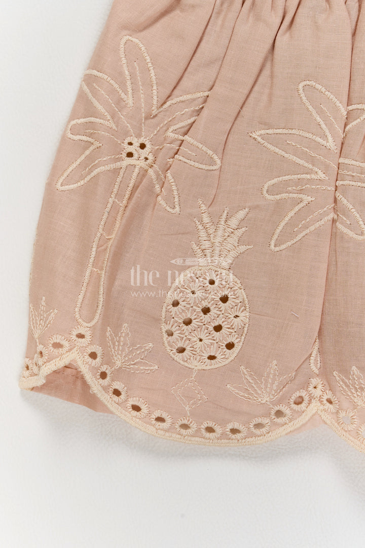 Girls Cotton Frock in Beige with Scalloped Tropical Bow