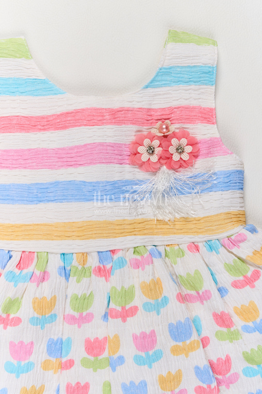 Girls Multicolour Cotton Blend Blue Tulip Stripes Frock