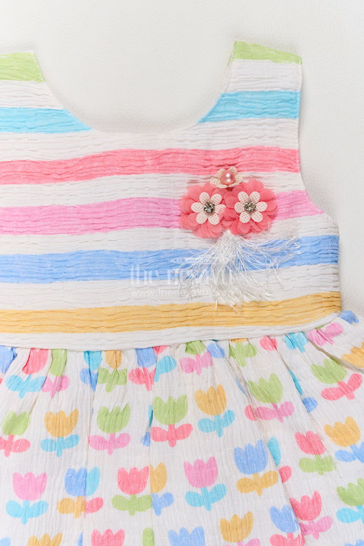 Girls Multicolour Cotton Blend Blue Tulip Stripes Frock