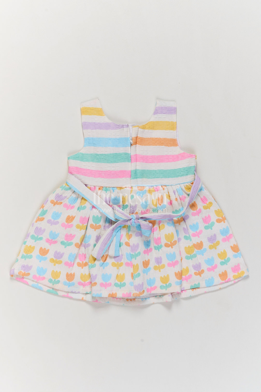 Girls Multicolour Lilac Tulip Stripes Cotton Blend Frock