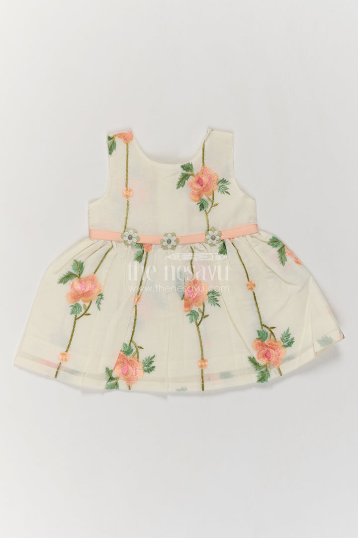 Girls Cream Cotton Blend Peach Rose Ribbon Frock
