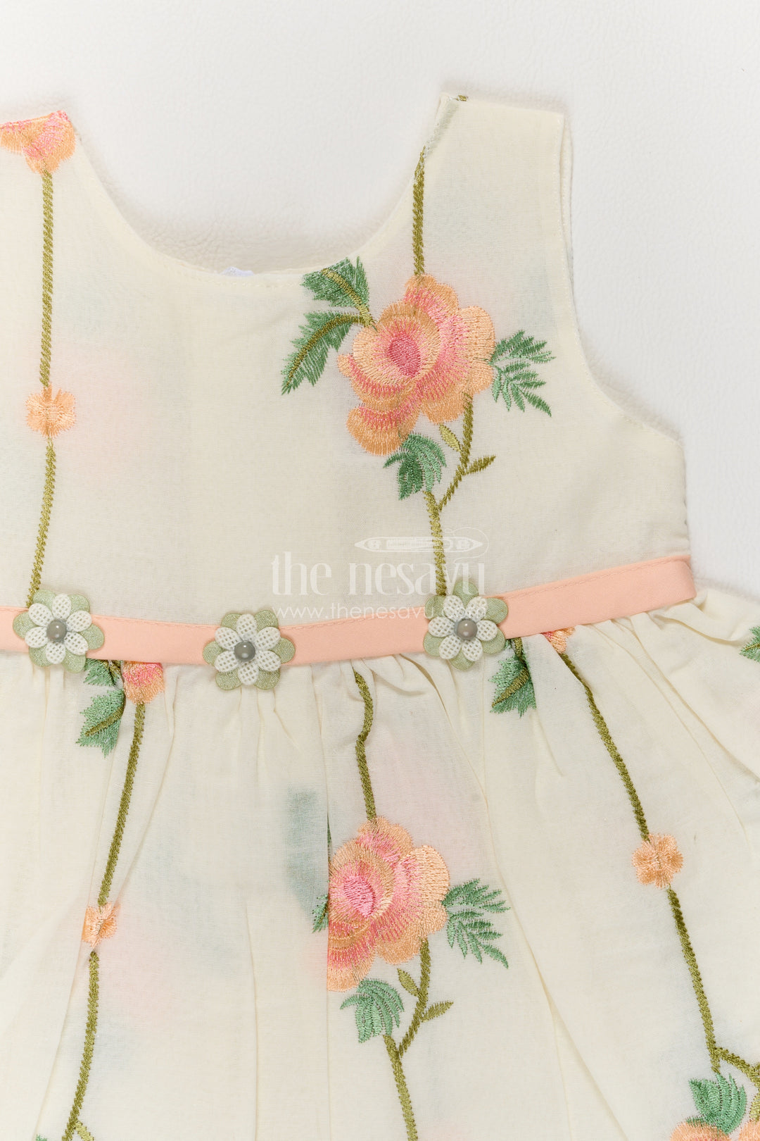 Girls Cream Cotton Blend Peach Rose Ribbon Frock