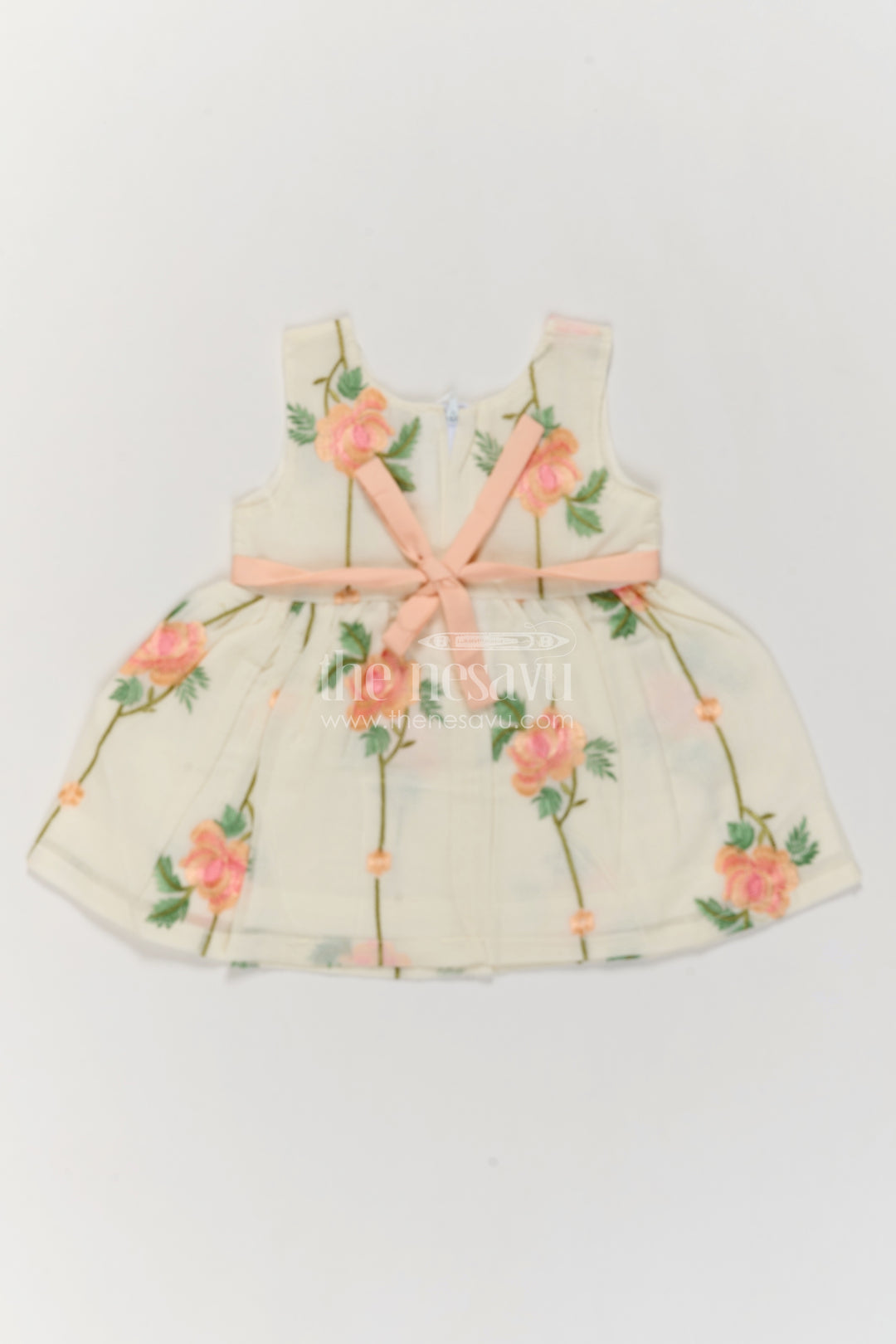 Girls Cream Cotton Blend Peach Rose Ribbon Frock