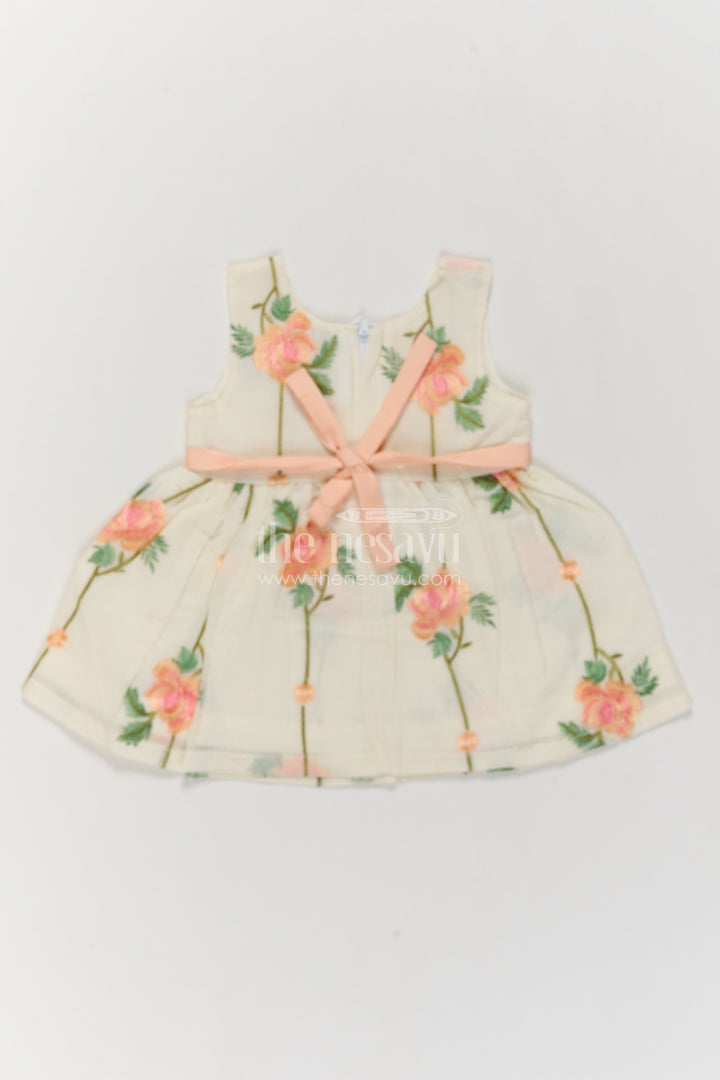 Girls Cream Cotton Blend Peach Rose Ribbon Frock