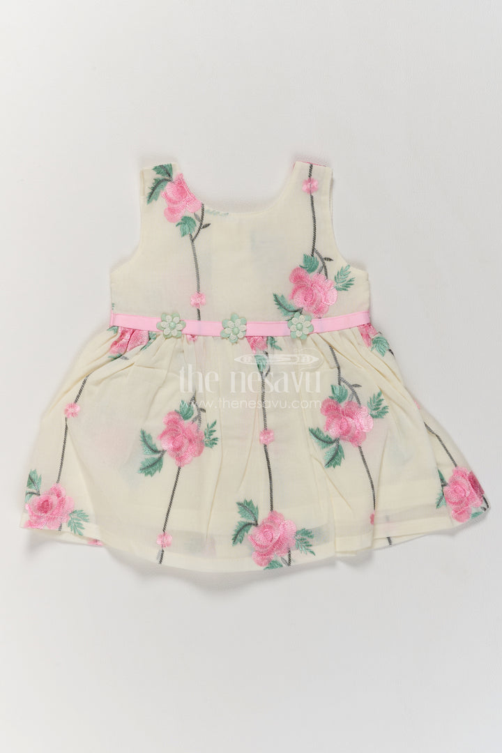 Girls Cotton Blend Frock in Cream with Pink Rose Ribbon