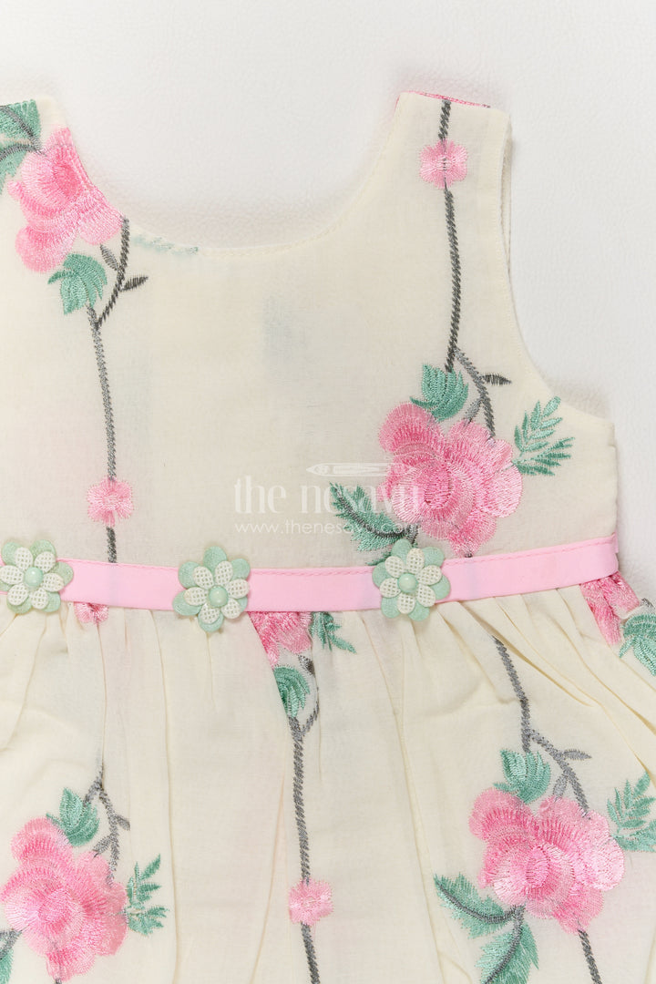 Girls Cotton Blend Frock in Cream with Pink Rose Ribbon