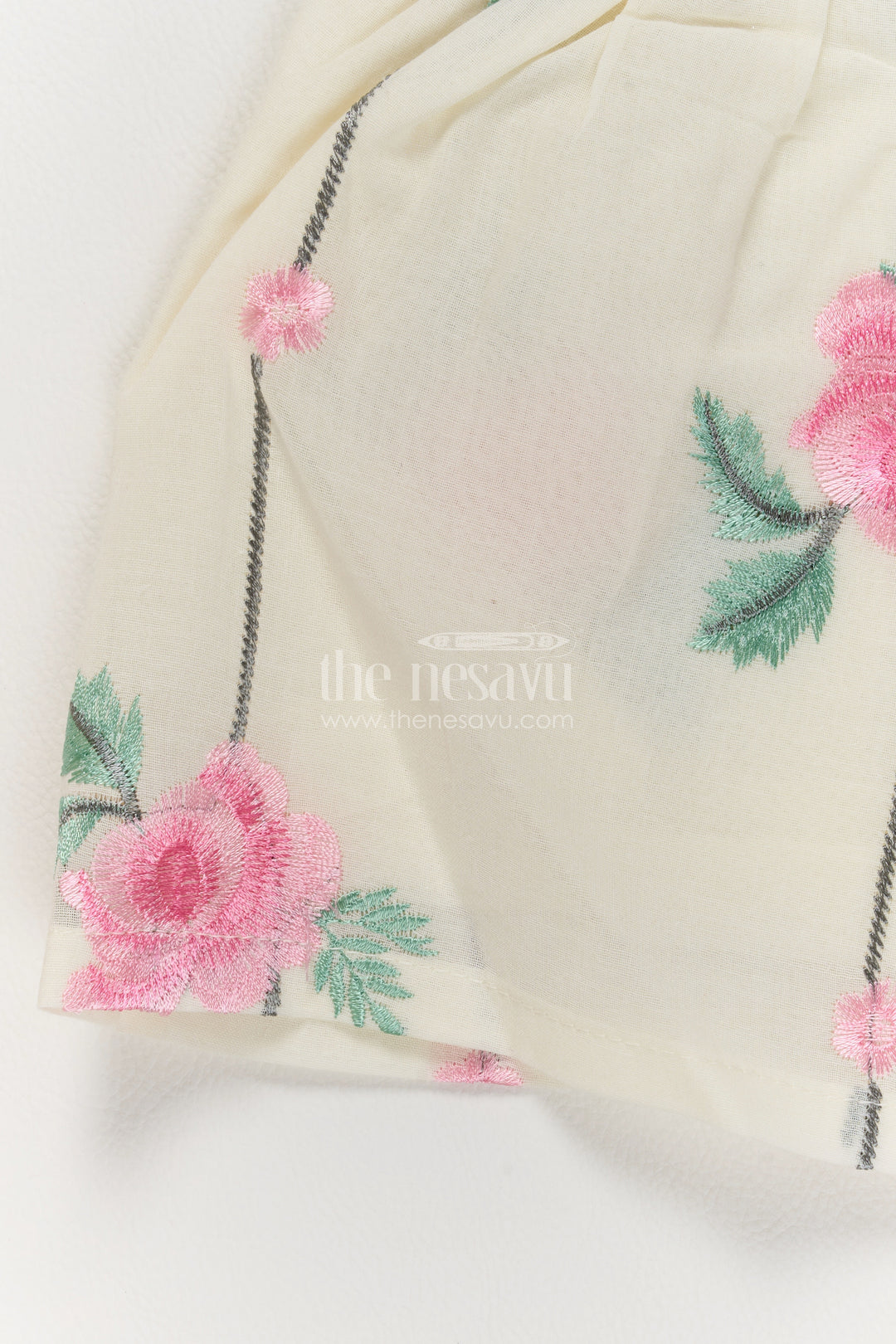 Girls Cotton Blend Frock in Cream with Pink Rose Ribbon