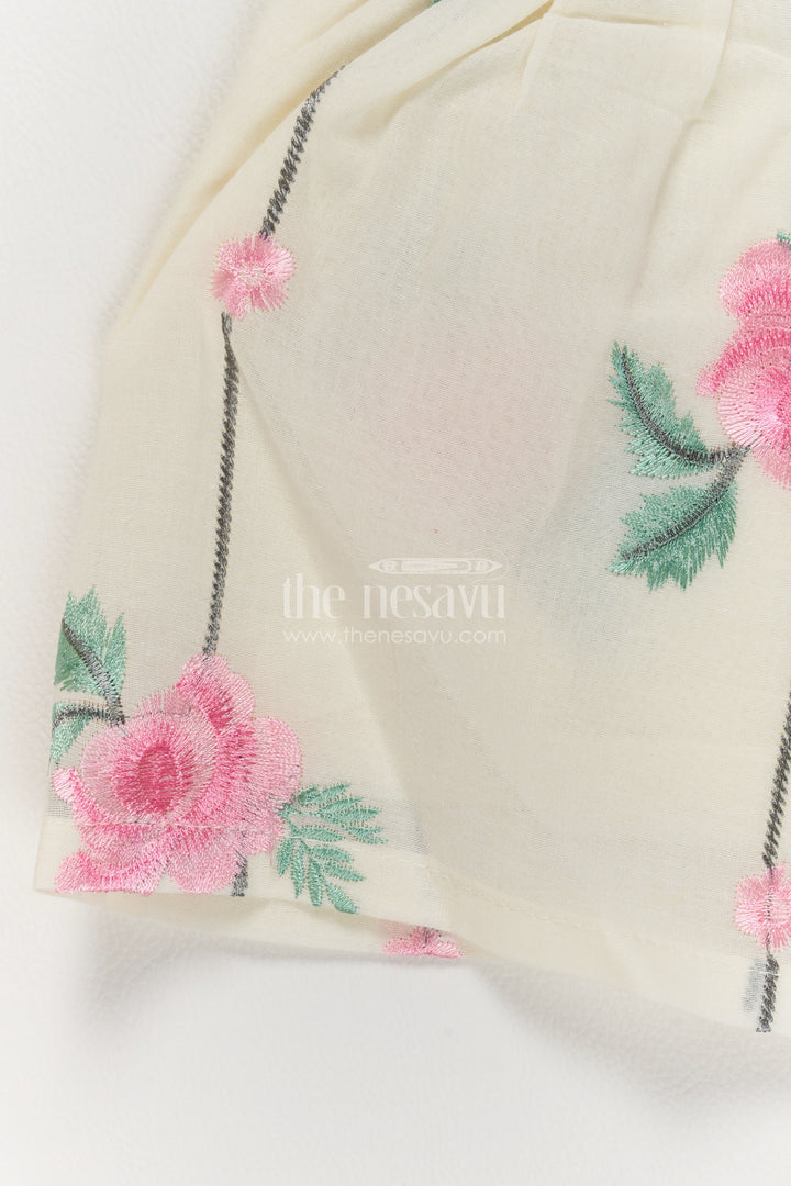 Girls Cotton Blend Frock in Cream with Pink Rose Ribbon