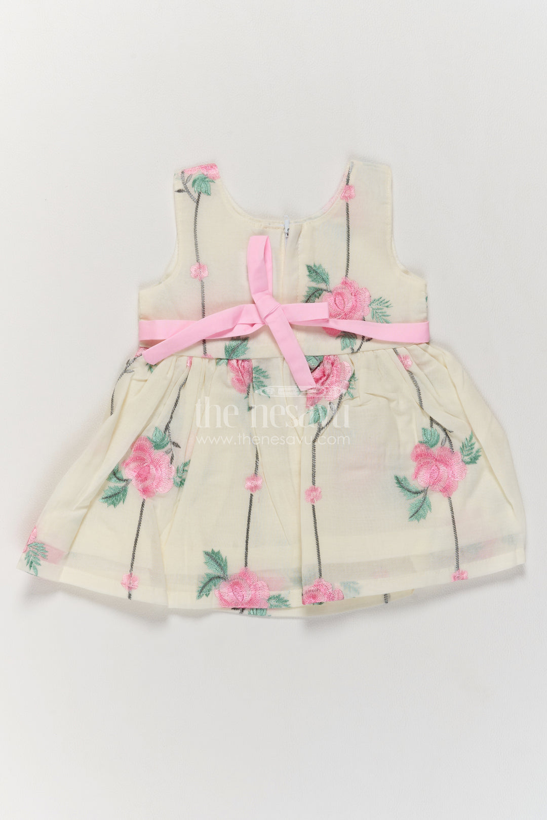 Girls Cotton Blend Frock in Cream with Pink Rose Ribbon
