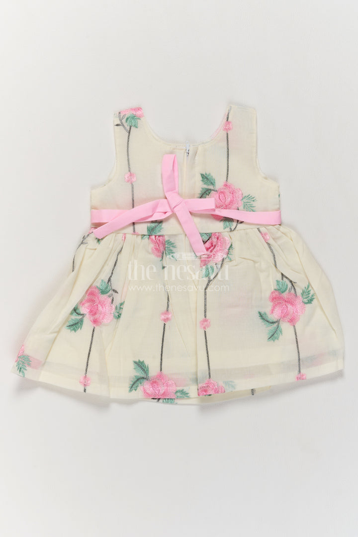 Girls Cotton Blend Frock in Cream with Pink Rose Ribbon