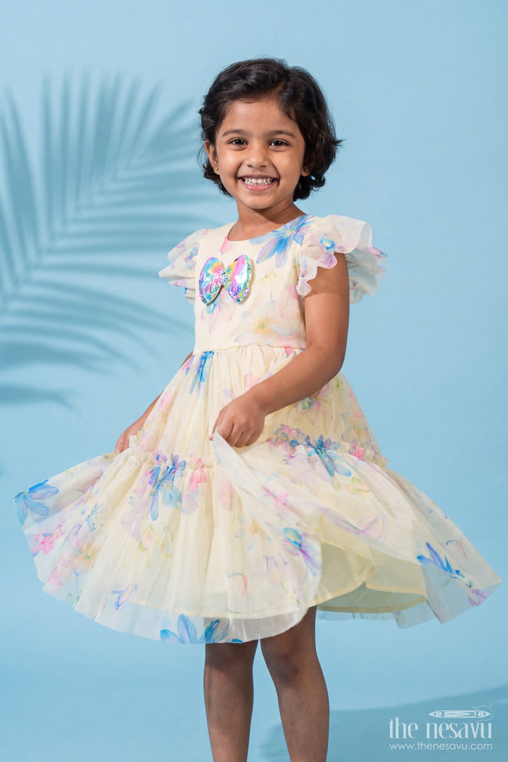 Girls Fancy Frock in Yellow with Digital Print