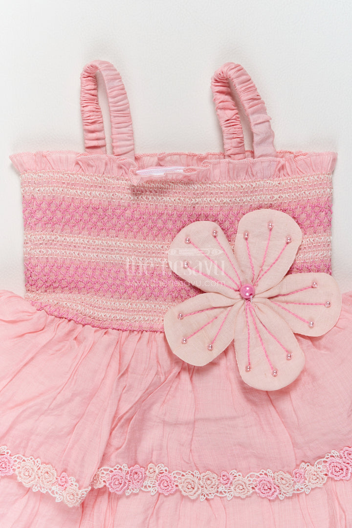 Girls Cotton Blend Frock in Pink with Big Flower Lace Tiers