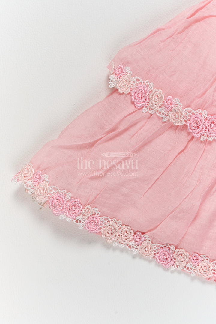 Girls Cotton Blend Frock in Pink with Big Flower Lace Tiers