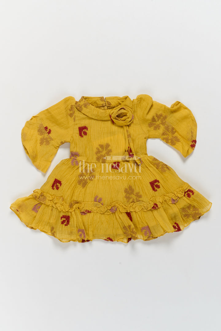 Girls Georgette Frock in Mustard Yellow with Rosette Ruffle