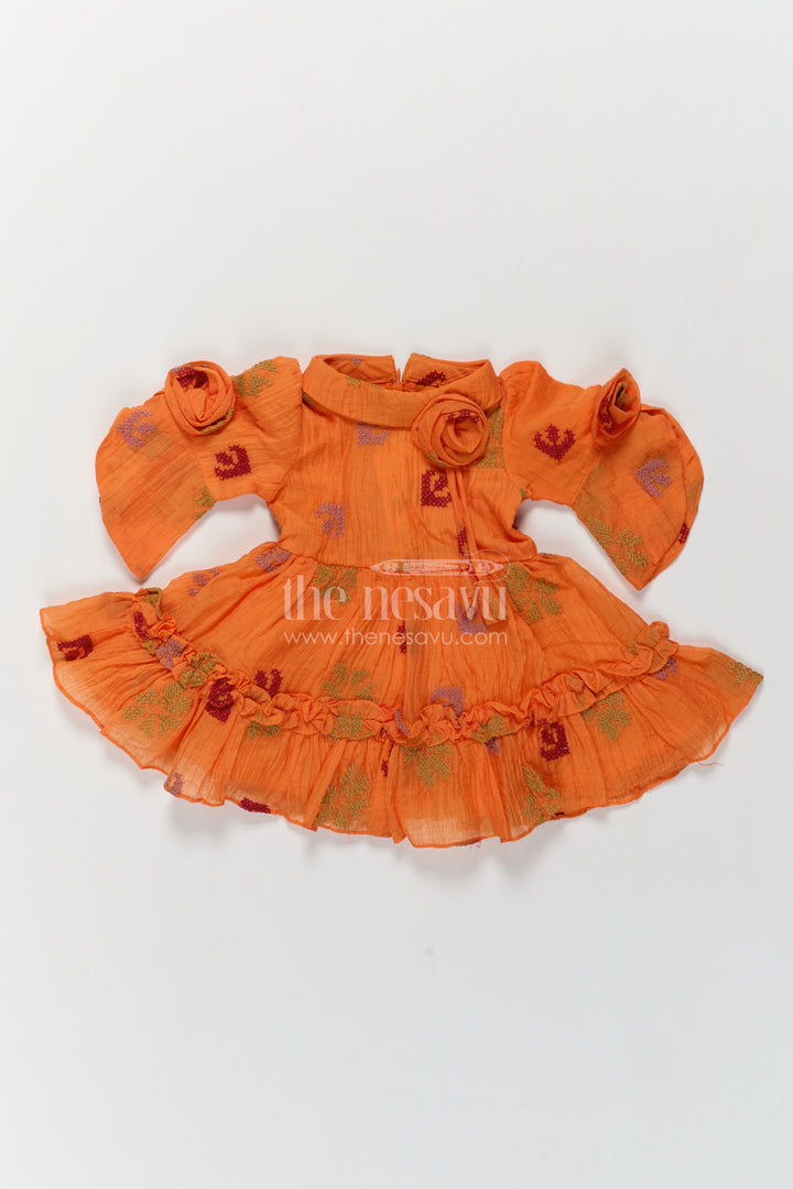 Girls Georgette Frock in Orange with Shoulder Rosette