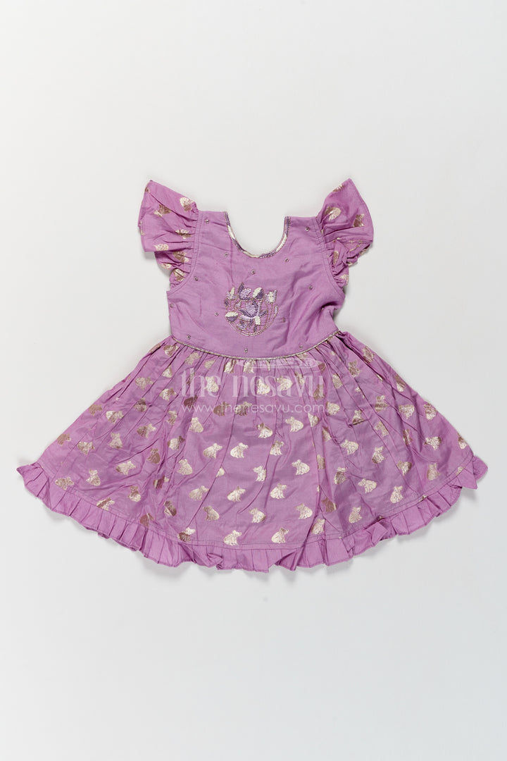 Girls Chanderi Cotton Frock in Lavender with Gold Leaf Flutter