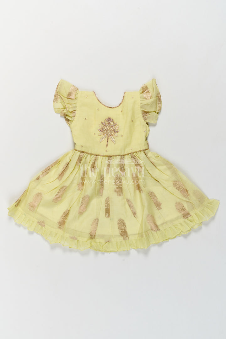 Girls Pale Yellow Gold Bouquet Chanderi Cotton Frock