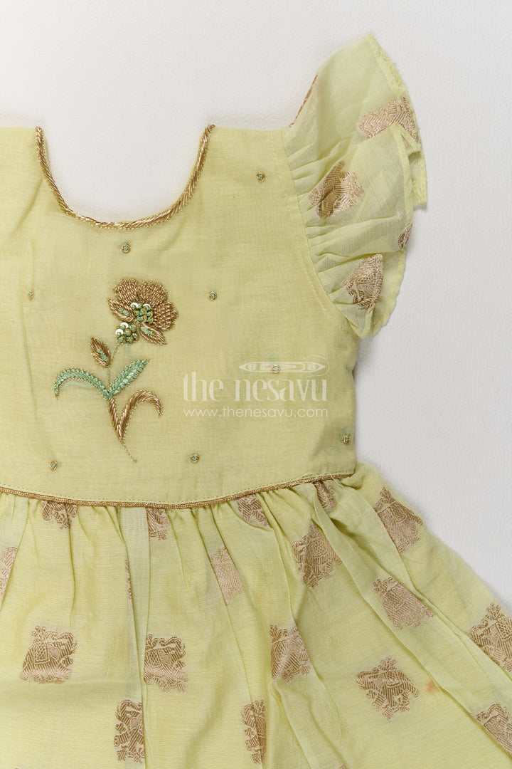 Girls Pale Green Floral Stem Chanderi Cotton Frock