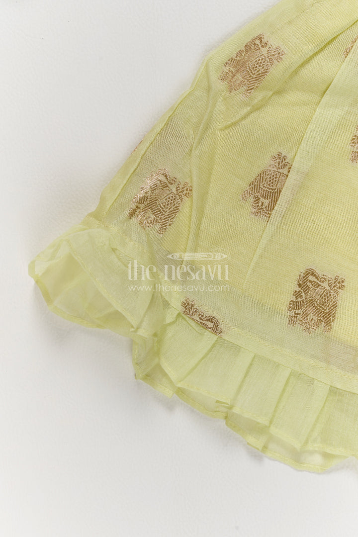 Girls Pale Green Floral Stem Chanderi Cotton Frock