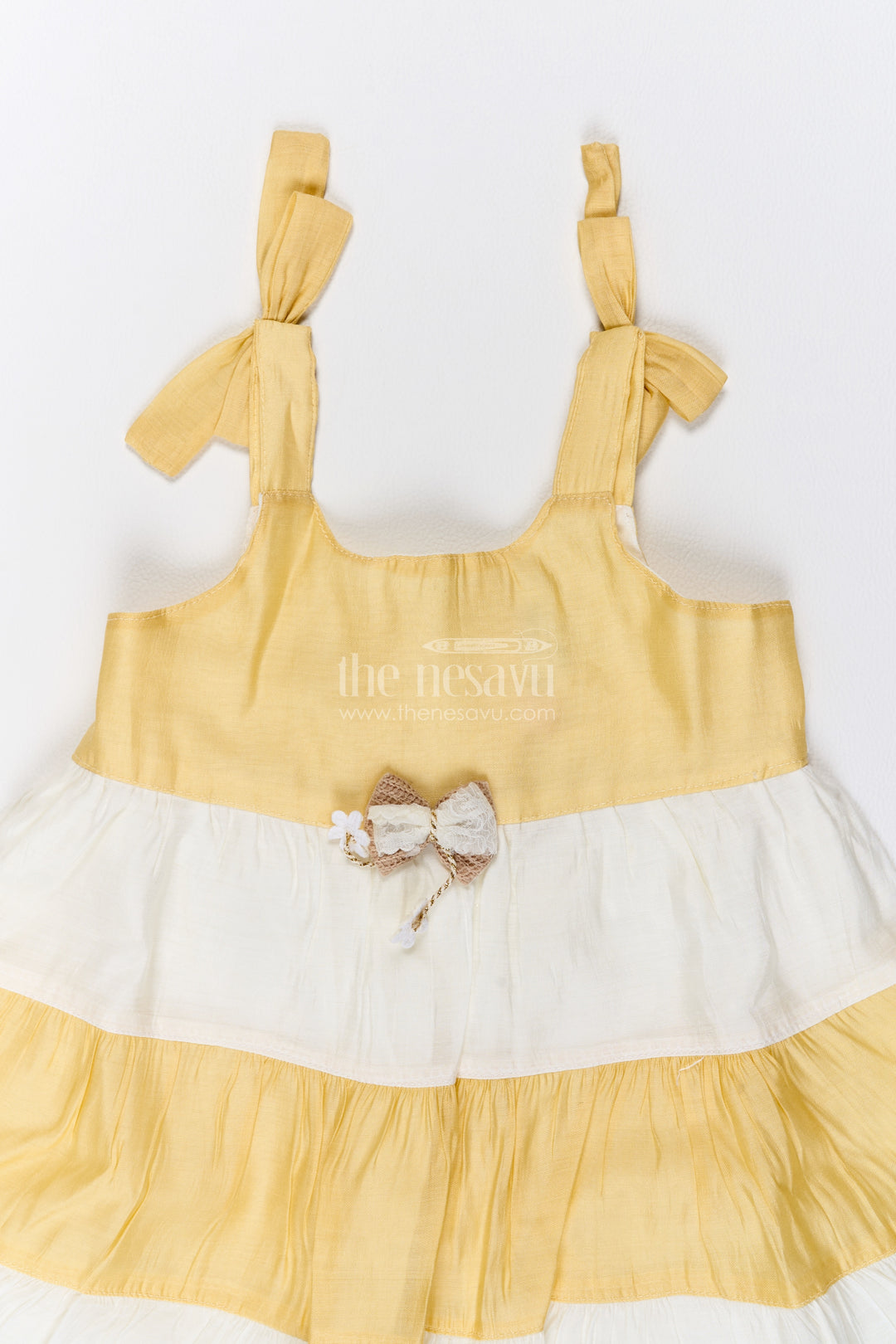 Girls Yellow Colour Block Bow Cotton Blend Frock