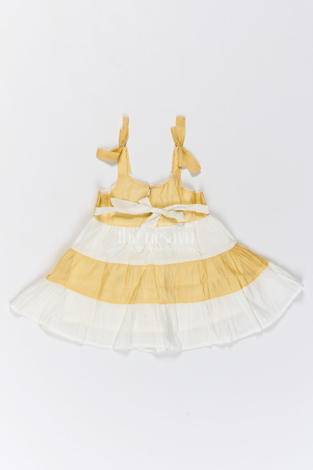 Girls Yellow Colour Block Bow Cotton Blend Frock