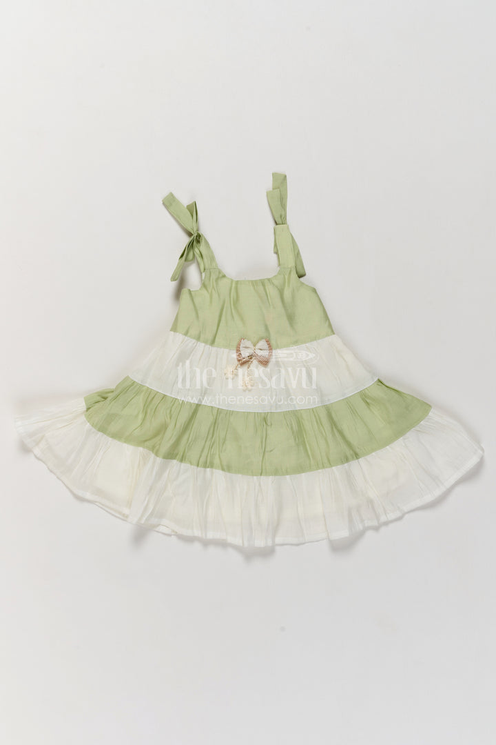 Girls Cotton Blend Frock in Sage Green with Tiered Bow Straps
