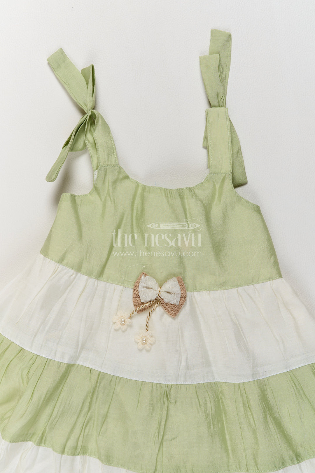 Girls Cotton Blend Frock in Sage Green with Tiered Bow Straps