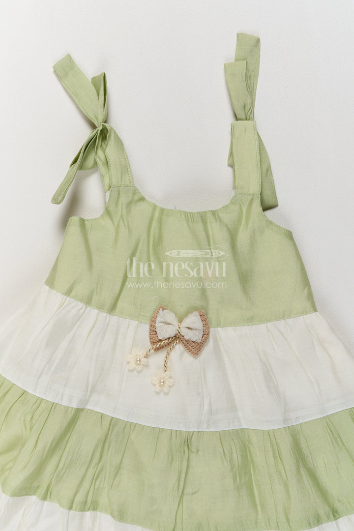 Girls Cotton Blend Frock in Sage Green with Tiered Bow Straps