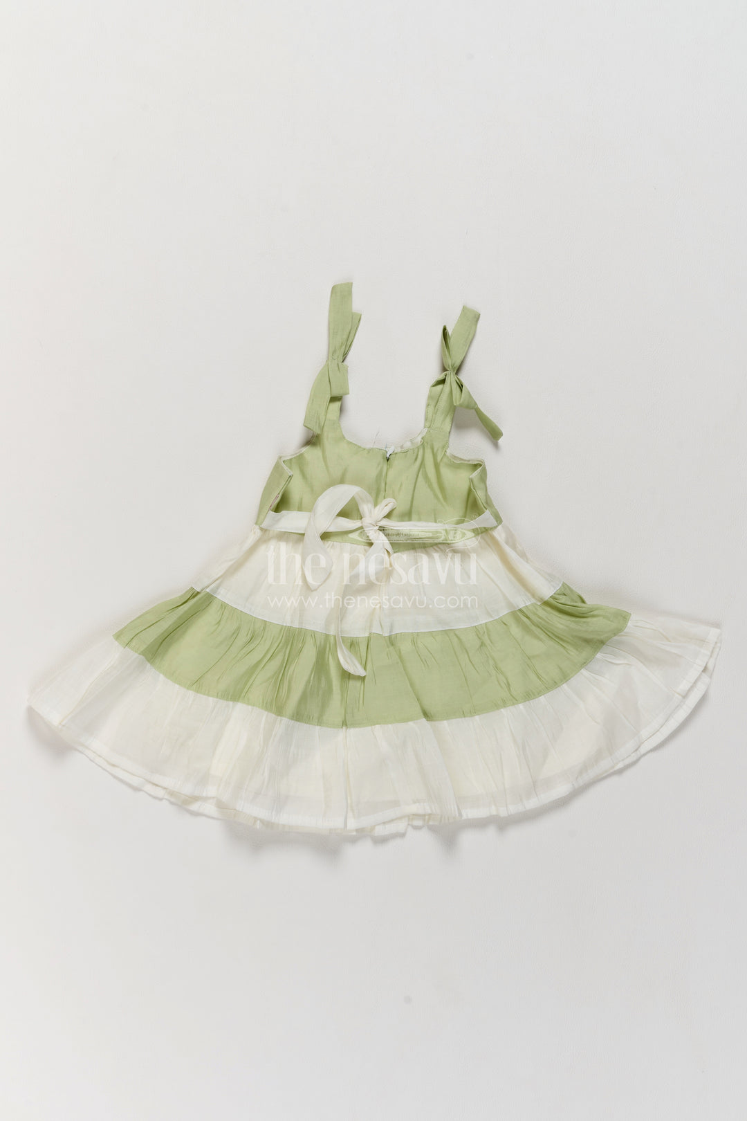 Girls Cotton Blend Frock in Sage Green with Tiered Bow Straps
