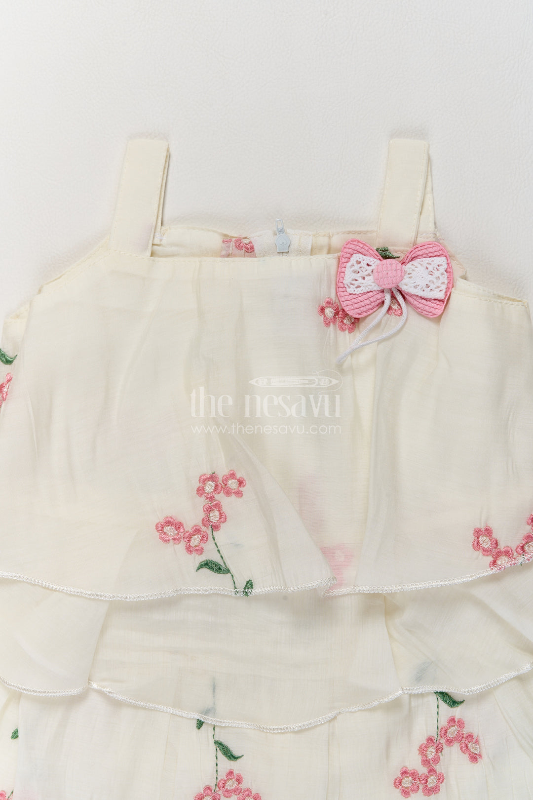 Girls Ivory Pink Flower Layers Georgette Frock