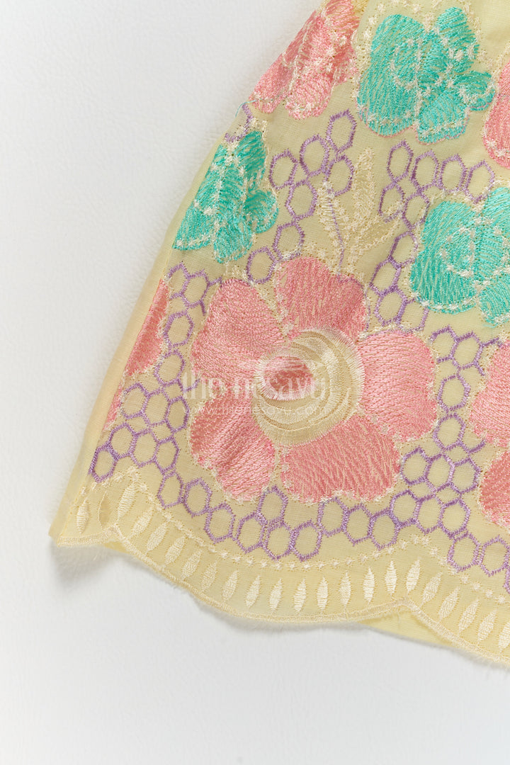 Girls Cotton Blend Frock in Yellow with Floral Lattice Border