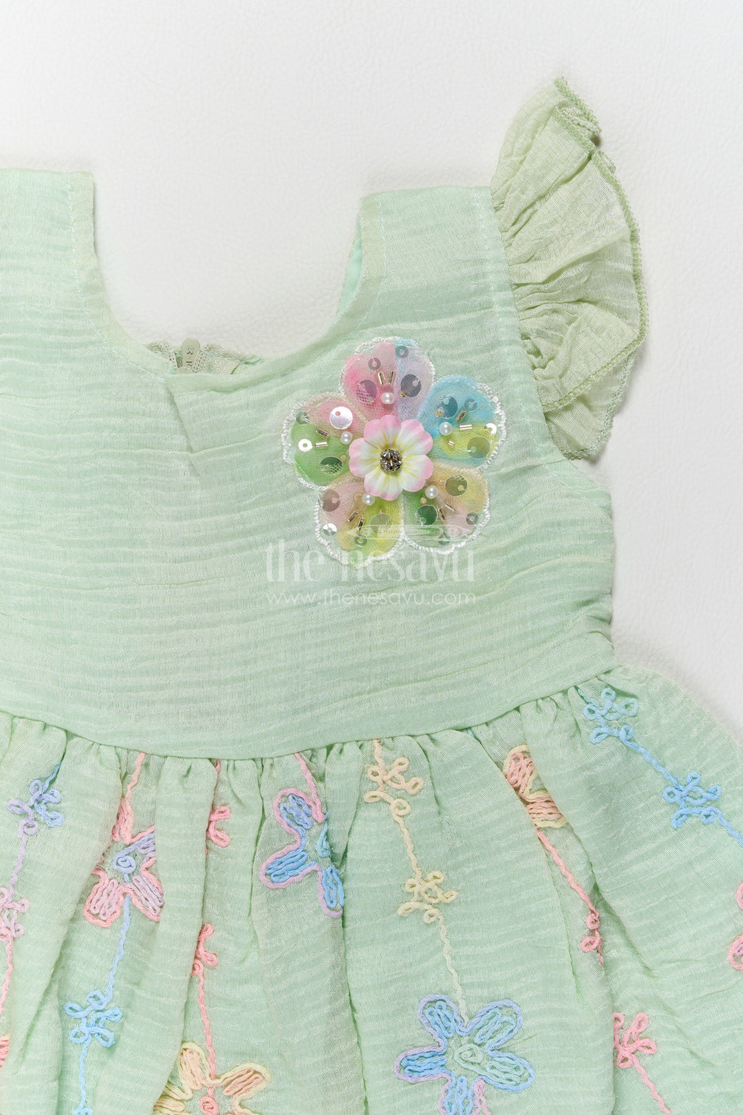 Girls Mint Green Pastel Flower Flutter Cotton Blend Frock