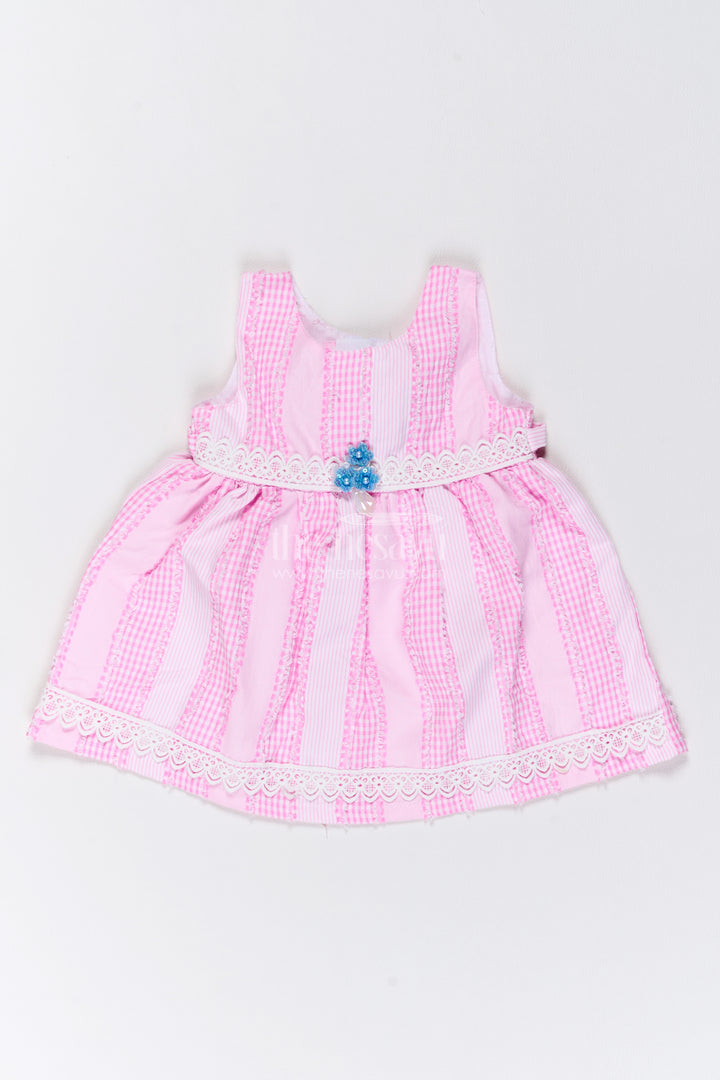 Girls Cotton Frock in Pink with Striped Lace Blue Flower