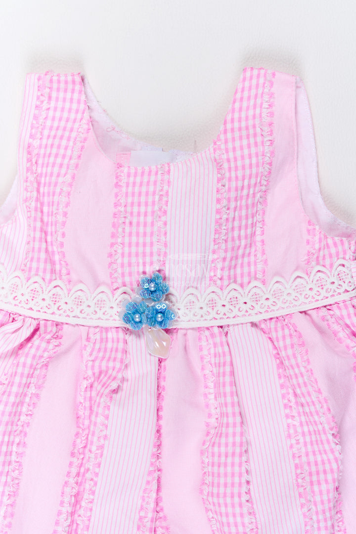Girls Cotton Frock in Pink with Striped Lace Blue Flower