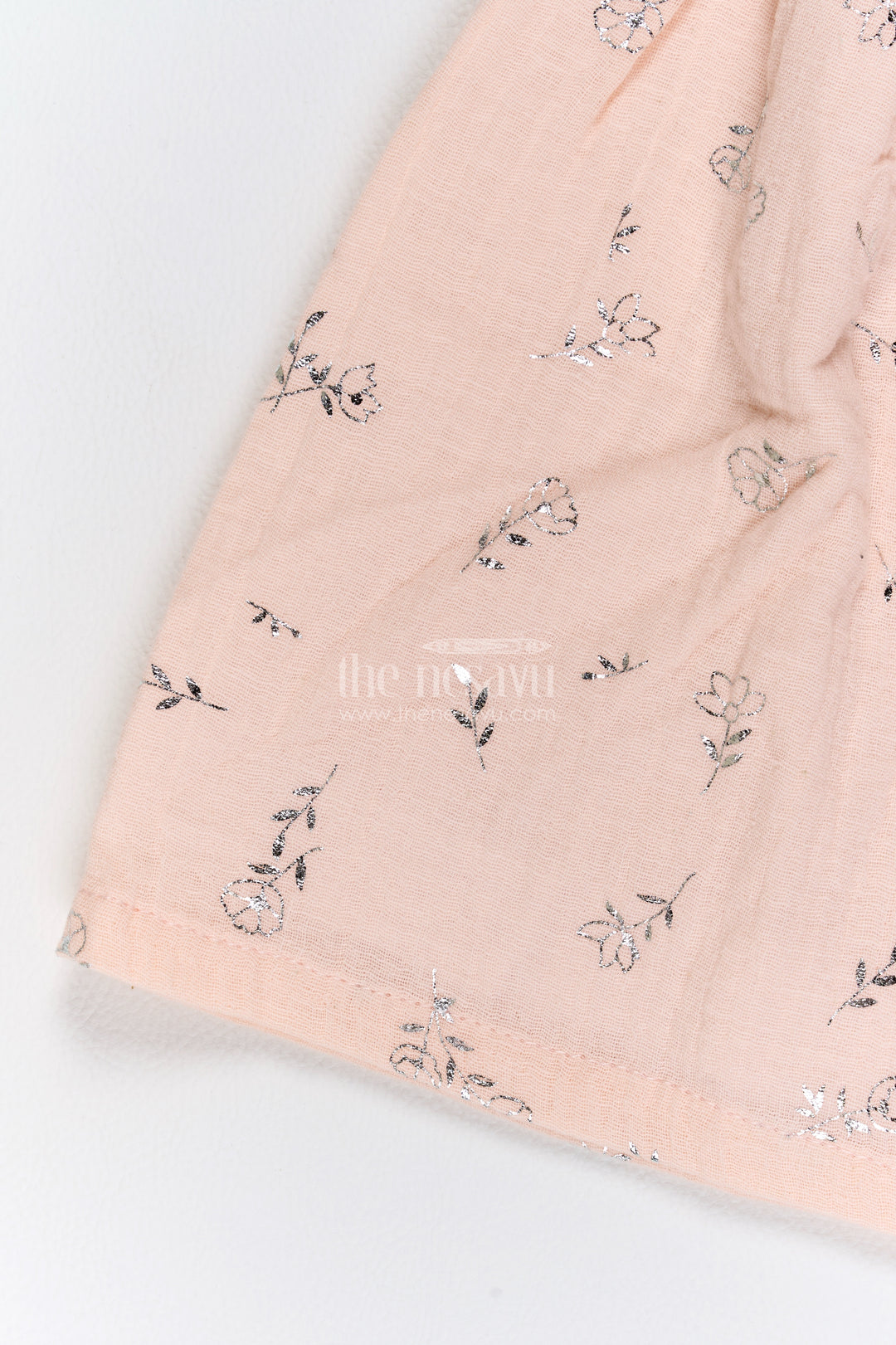 Girls Muslin Cotton Frock in Pale Peach with Silver Foil Motif