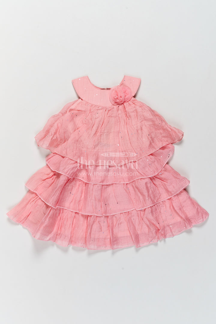 Girls Peach Pink Chinnon Chiffon Layered Rosette Frock