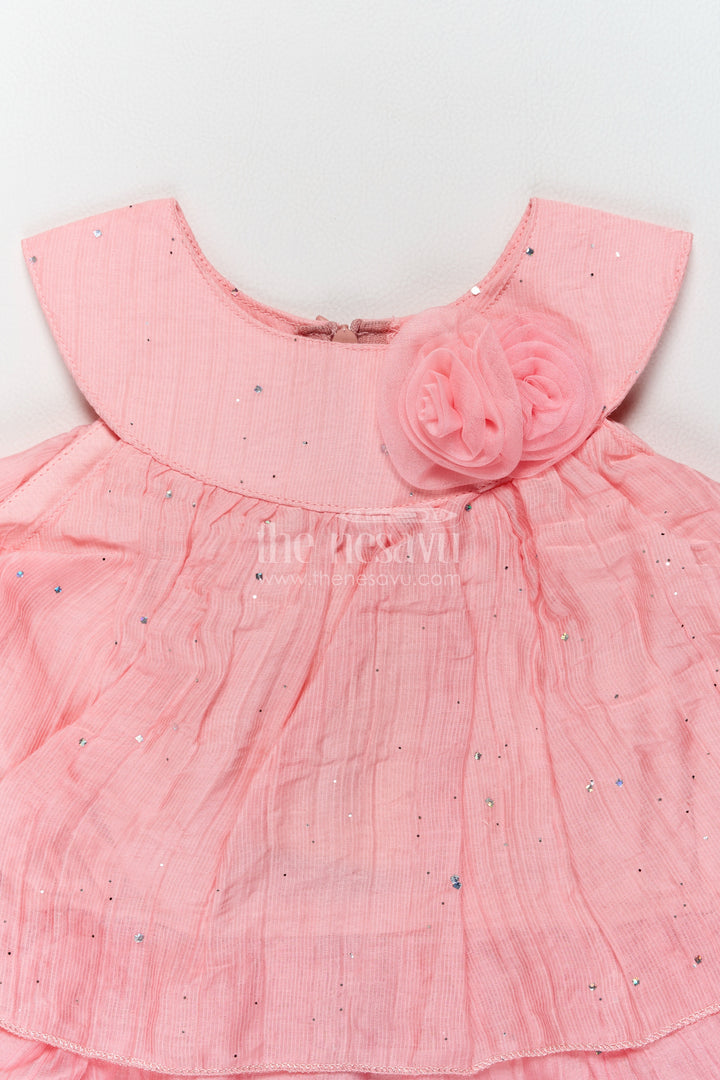 Girls Peach Pink Chinnon Chiffon Layered Rosette Frock