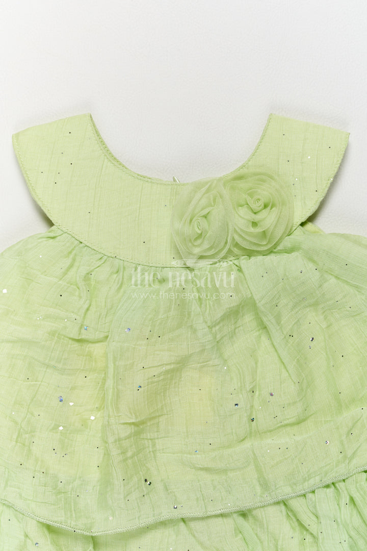 Girls Chinnon Chiffon Frock in Light Green with Rosette Four Tiers