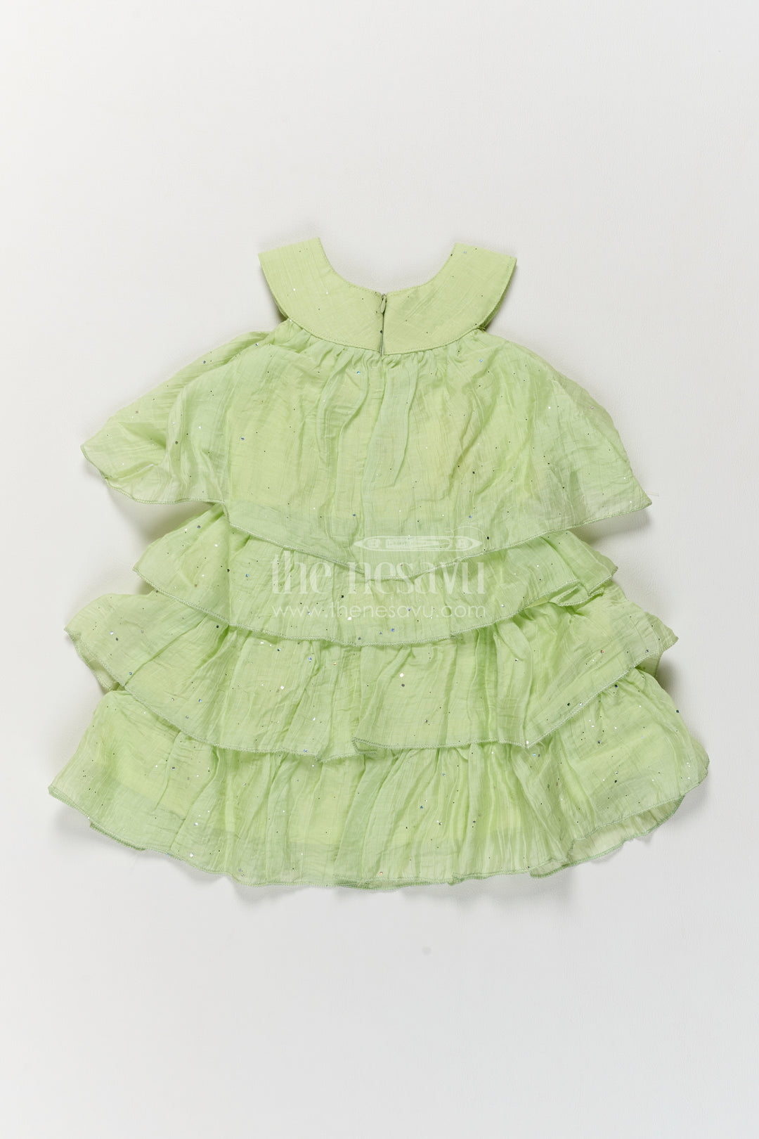 Girls Chinnon Chiffon Frock in Light Green with Rosette Four Tiers
