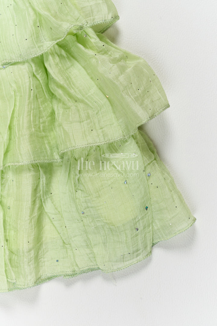 Girls Chinnon Chiffon Frock in Light Green with Rosette Four Tiers