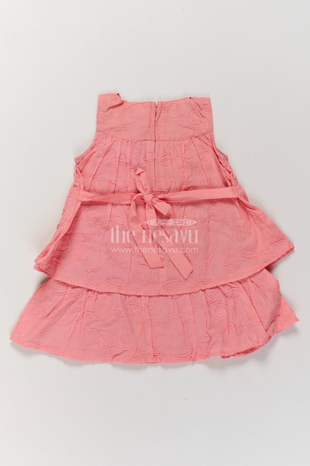 Girls Coral Peach Outline Flower Layers Cotton Frock