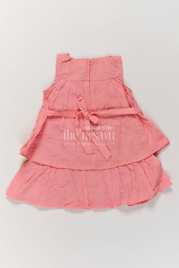 Girls Coral Peach Outline Flower Layers Cotton Frock
