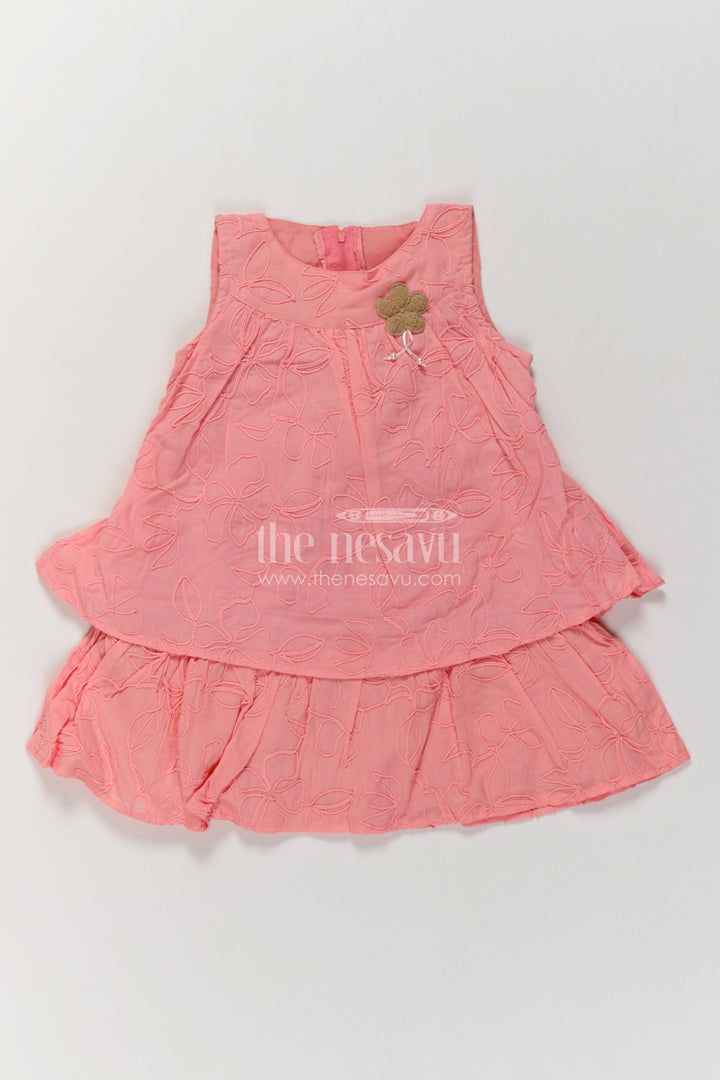Girls Coral Peach Outline Flower Layers Cotton Frock