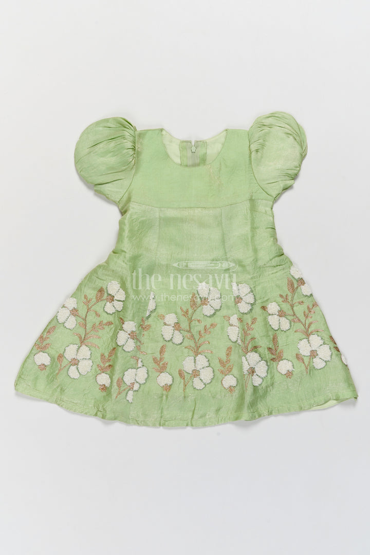 Girls Sage Green Chinnon Chiffon Flower Border Puff Frock