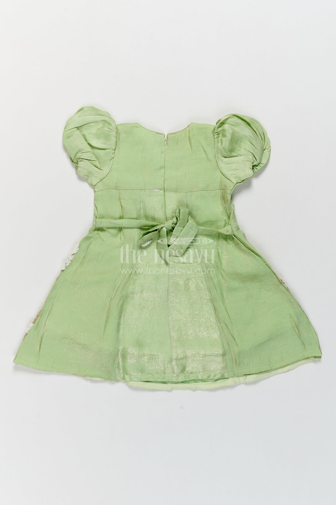 Girls Sage Green Chinnon Chiffon Flower Border Puff Frock