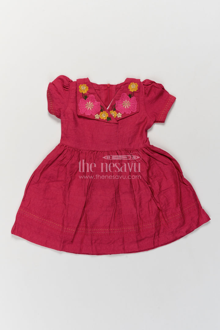Girls Deep Pink Cotton Blend Floral Collar Puff Frock